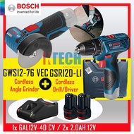 BOSCH COMBO KIT GSR120-LI CORDLESS DRILL/DRIVER C/W GWS12-76V-EC(SOLO) CORDLESS ANGLE GRINDER +2x 2.