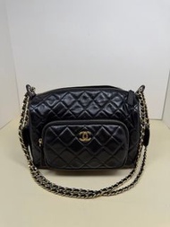 Chanel 香奈兒 晶片款 24k 黑色金扣 大號羊皮相機包 24cm