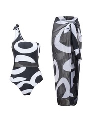 SHEIN Swim Chicsea Conjunto de Dos Piezas para Mujer de Vacaciones: Traje de Baño con Estampado Geométrico de un Hombro sin Mangas y Falda-Cubierta con Nudo