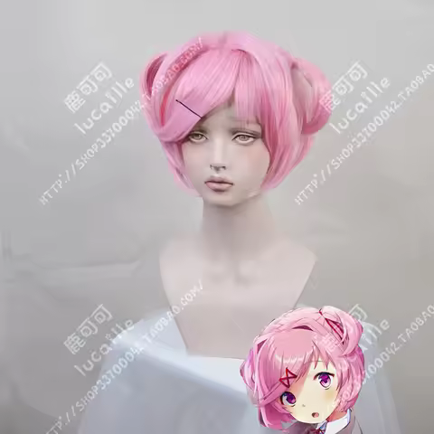 Game DDLC Doki Doki Literature Club Natsuki Pink Short Wig Cosplay Costume Women Heat Resistant Synt