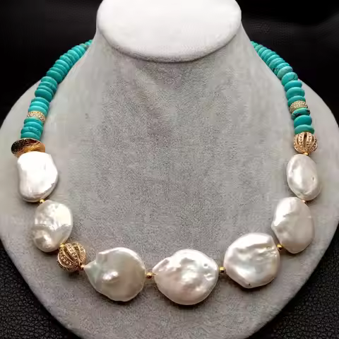 20" Freshwater White Keshi Pearl Blue howlite rondelle choker Necklace ethnic party for Women gift