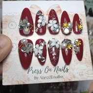 Red flower press on nails party nails graduation nails bridal nails wedding nails