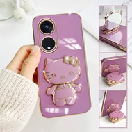 Hontinga Casing Case For OPPO Reno8 T Reno8T Reno 8T 5G 4G Case With Hello Kitty Stand Fashion Solid Color Luxury Chrome Plated Soft TPU Square Phone Case Full Cover Camera Protection Casing Anti Gores Rubber Cases For Girls