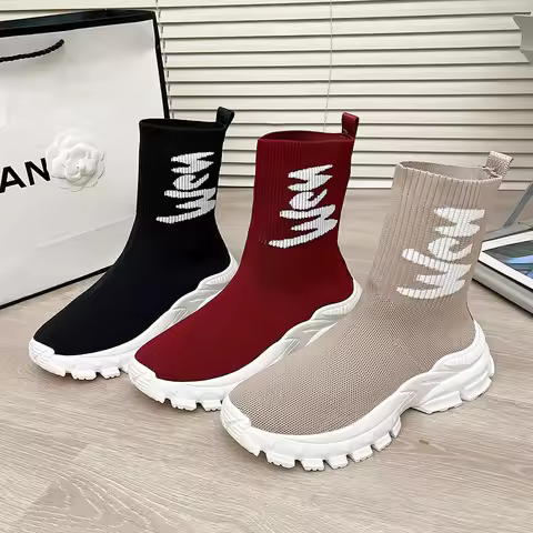 2026New Letter Knitted Elastic Socks Shoes for Women Comfort Thick Socks Mid-tube Boots Thin Boots B