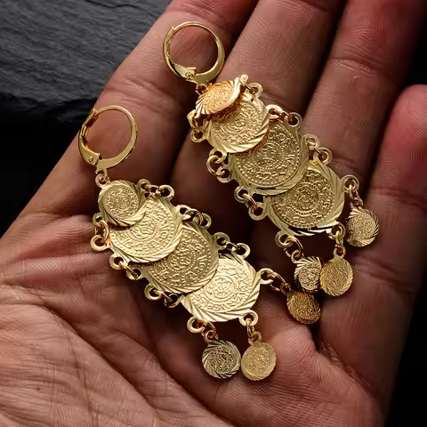 Arab Dubai Metal Gold Color Coin Earrings For Women Girl Middle East African Tassel Bride Jewelry Gi