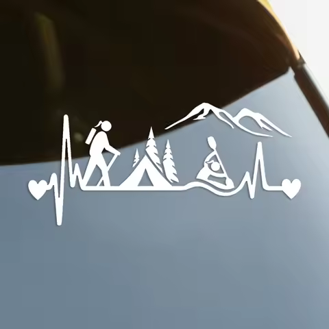 Hiker Girl Camping Tent Kayak Heartbeat Die-Cut Vinyl Decal Car Sticker Waterproof Auto Decors on Ca