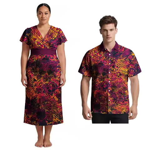 Asia & Pacific Islands Clothing Matching Couple Outfits Polynesian Men Shirts Ladies Fashion Aloha D