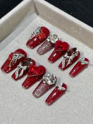 10入組手工製作的紅色草莓和心形蝴蝶珠寶派對指甲,配有果凍凝膠和指甲文件,適用於女性
