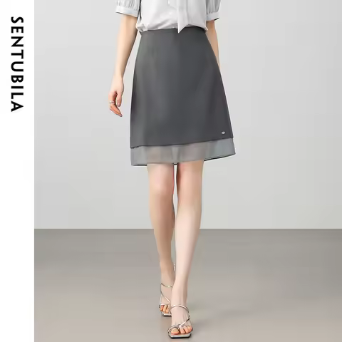 SENTUBILA Grey Short Skirt Office Lady Woman 2026 Autumn A-line Elegant Mesh Splicing Sequined Zippe