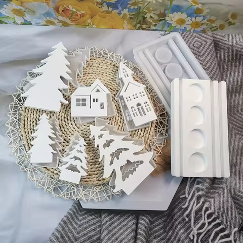 7pcs Set Christmas Candle Holder Ornament Plaster DIY Silicone Molds | Tree and House with Four Comp