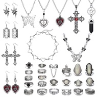 33Pcs Grunge Vintage Punk Necklace Jewelry Set Gothic Earrings Fairy Butterfly Boho Crystal Y2k Cros