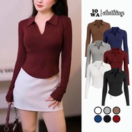 LONG-Sleeve T-Shirt with Zipper Collar Tear Drop Flap Ribbed Long Sleeve DD141, IOWA Bodycon Polo Co