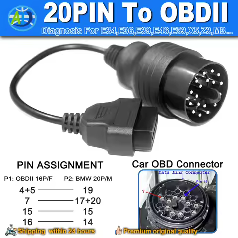 20 Pin OBD to OBD2 Cable For E31/E32/E34/E36/E38/E39/E46/E53/X5 Before 2001 K-Line OBD2 Diagnostic C