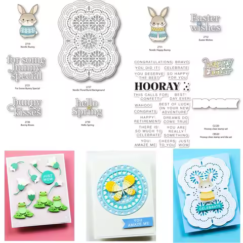 Hooray Bunny Spring Floral Background Metal Cutting Dies Clear Stamps for DIY Greeting Card Scrapboo