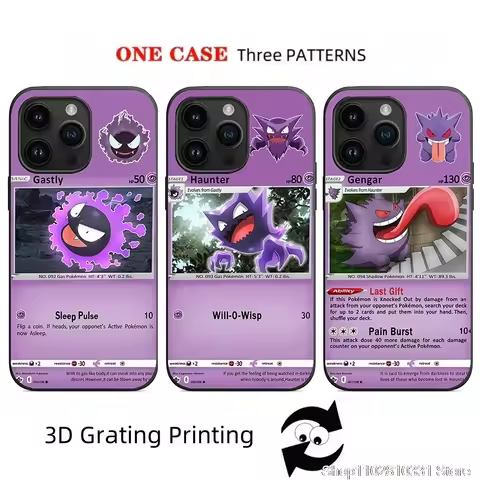 3D Grating Card Pokemon Gengar Phone Case for iPhone 16 15 14 13 12 11 17 Pro Max Plus Mini Air Gast