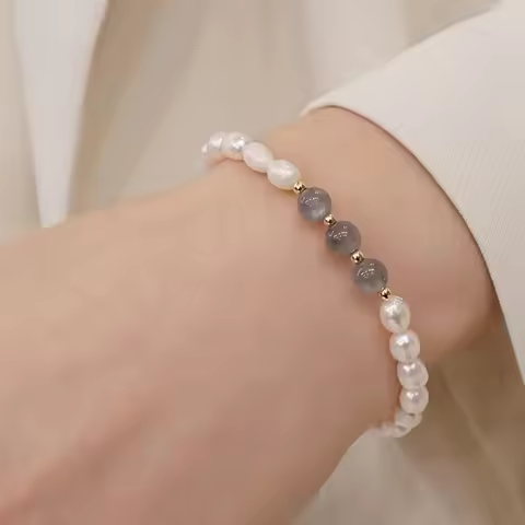 HENGSHENG 6-7mm Rice Shape Freshwater Pearl Bracelet for Women 19.5cm Elastic Rope Moonstone Crystal