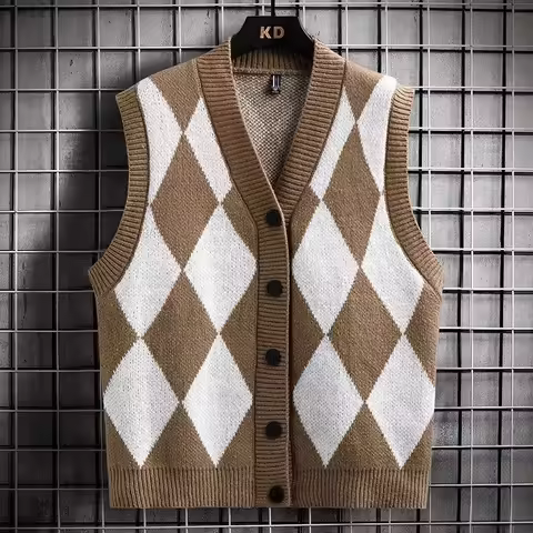 Man Clothes Vest Sleeveless Argyle Waistcoat Knitted Sweaters for Men Blue Plaid Y2k Vintage Long Sl