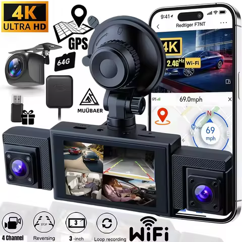 Dash Cam for Cars 4K, 4K Front+1080P Rear+1080P Left+720P Right, 3" IPS Screen, Built-in WiFi & GPS 