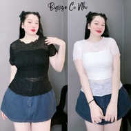 Big size mesh t-shirt with see-through floral lace and strapless top with multi-dimensional stretch 