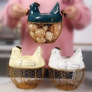 【In stock】Large Stainless Steel Mesh Wire Egg Storage Basket with Ceramic Farm Chicken Top and Handl