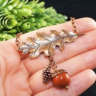 Copper Oak Leaf Acorn Pine Cone Red Mookaite Jasper Pendant Necklace Jewelry