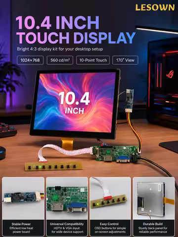 LESOWN 10.4" 1024x768 Capacitive Touch Setup Plug & Play 700:1 Contrast Monitor Táctil for Automatio