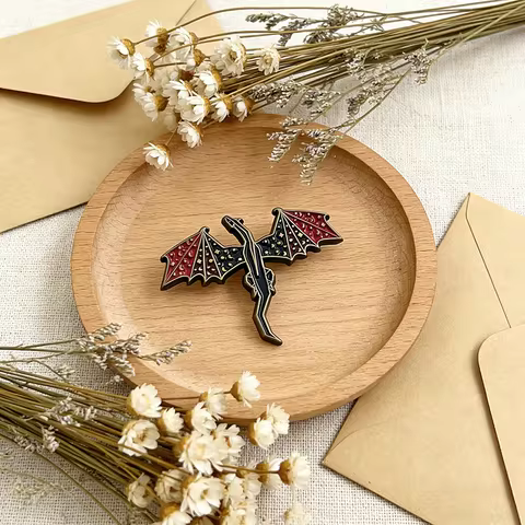 Vintage Gothic Thrones Game Enamel Pin Punk Style Red Black Dragon Wing Brooch for Fantasy Novel TV 
