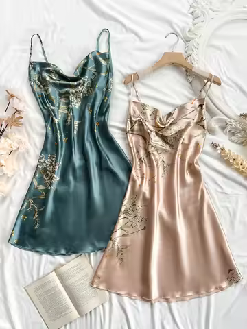 Cherry Print Elegant Women's Nightgown Set with Strap Dresses 2-Piece Suite Comfortable Sleepwear