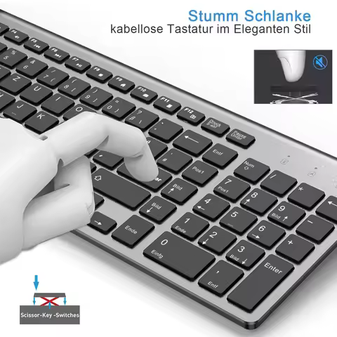 German QWERTZ Layout Wireless Slim Deutsch Keyboard Low Noise 101 Key Wireless Tastatur with Adapter