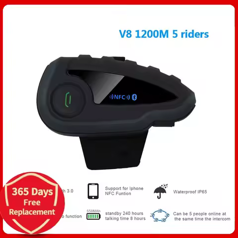 V8 VS without Remote Control 5-Way Group Talk NFC 1200M Bluetooth Motorcycle Helmet Headset Intercom