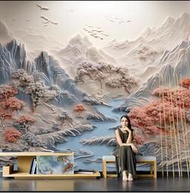 新中式風景牆布客廳壁紙18d立體仿浮雕大堂影視壁紙壁畫