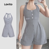 Lovito Casual Jumpsuit Button Front Lace Up Spring/summer Blue White Jumpsuit for Women LK4ED657