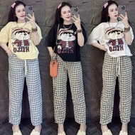 Bigsize 60-90kg Set of printed long-sleeved cotton t-shirts with velvet checkered baggy pants for wo