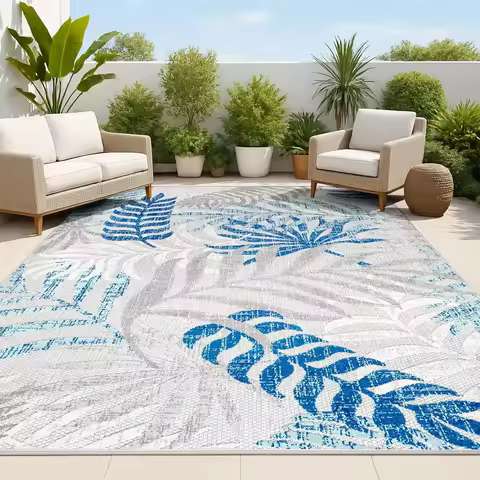 Tropics Palm Leaves Indoor Outdoor Area Rug 8X10 Gray/Blue, Boho for Patio, High Traffic, Pet-Friend