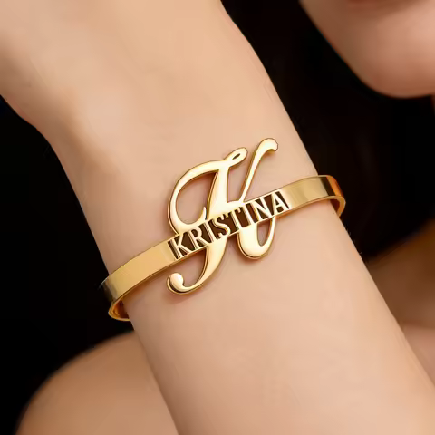 Custom Letter Name Bracelet] Personalized Letter Plaque Open Bangle - Elegant & Exquisite Custom Lar
