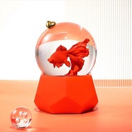 金魚(紅)水晶球 (金色愛心) 底座切面番茄紅