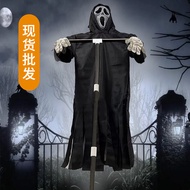 Perhiasan Halloween: topeng tengkorak, jubah hantu, patung hantu, hantu gantung, burung, set hiasan 