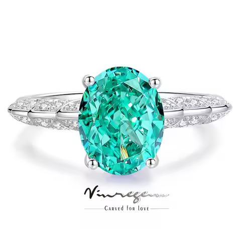 Vinregem 4 CT Oval Paraiba Tourmaline High Carbon Diamond Gemstone 100% 925 Sterling Silver Ring Wed