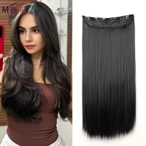 Straight One Piece 5 Clips Clip in Hair Extensions Natural Black 3/4 Full Head Long Straight Hair Pi