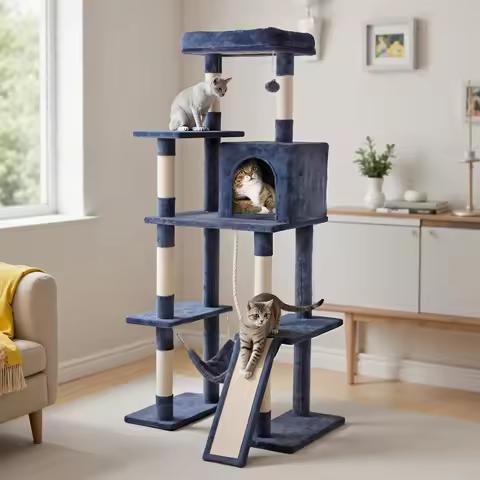 MCQ 63IN Cat Tree Tower Natural Sisal Scratching Posts Multi Level Cat Climbing Tower with Condo Pet