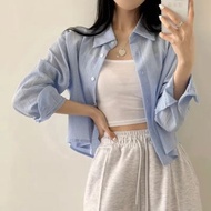 上新！纯棉条纹短款衬衫女2025轻薄防晒衣宽松薄款衬衣开衫上衣15.5