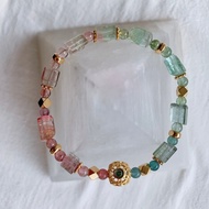 冰淇淋色系 清透粉綠碧璽原石手鏈 天然水晶設計手鏈 電氣石