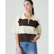 AIMER-Contrast Collar Short Sleeve Rugby Polo Knitwear Polo Shirt Women
