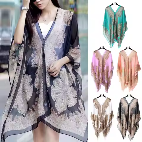 Sun Protection Shawl for Women, Paisley Chiffon Silk Scarf, Versatile Split Hem Beach Towel, Summer 