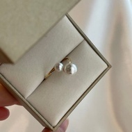 日本直送 兩粒Akoya海水珍珠 18k黃金 開口戒指 天然鑽石 天女光