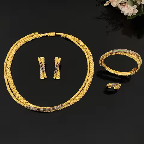 JRH Angola Women's Jewelry Set Gold-Plated Brass Zircon Stackable Bangle Ring Necklace Earring Trend