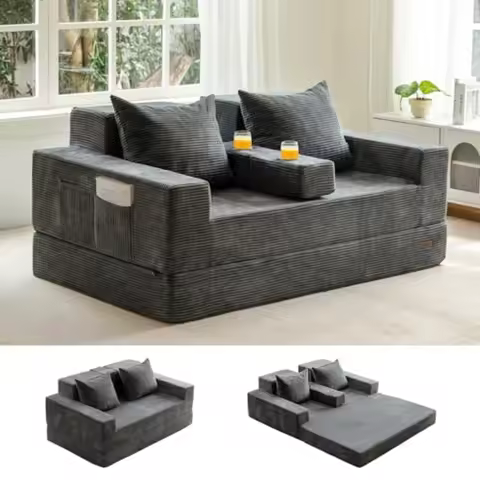 Living room loveseat sofa bed, fabric, gray, foldable floor couch with 2 cup holders and 4-in-1 conv