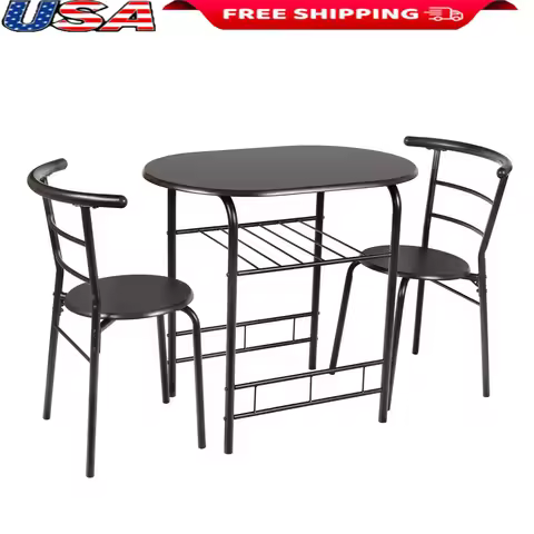 3 Piece Bistro Dining Set Metal Wood Table and Chair Indoor Space Saver Easy Assembly Modern Furnitu