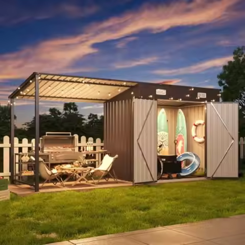 6x4FT Outdoor Storage Shed and Hardtop Gazebo Combo, 12x4FT Metal Lean to Shed with Open-Sided Pergo