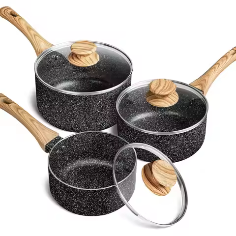 Saucepan Set, 3Piece Nonstick Sauce Pans with Lids, 1QT, 2QT, 3QT, Black Granite Stone